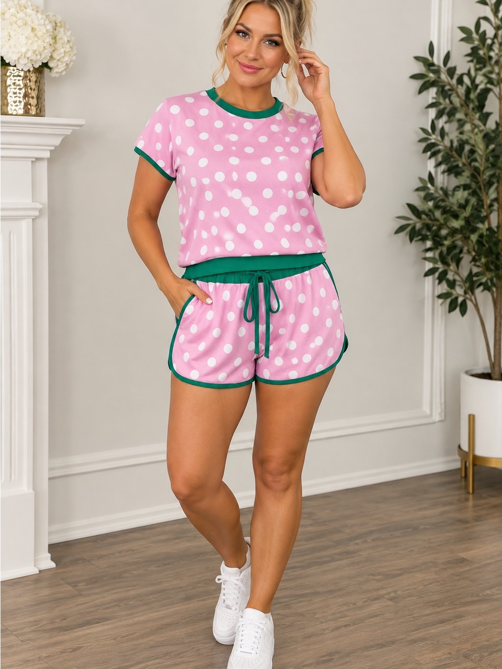 Pink Polka Dot Short Set with Green Trim